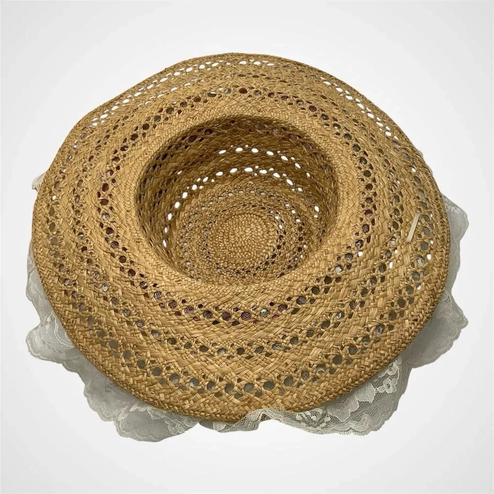 Vintage Romantic Lace Straw Sun Hat Lot Floral Ribbon Wide Brim Cottagecore 2 Pc